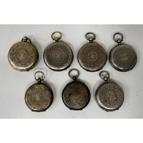 172 - Seven silver/white metal cased fob watches, all faced by Roman dials  mixed marks