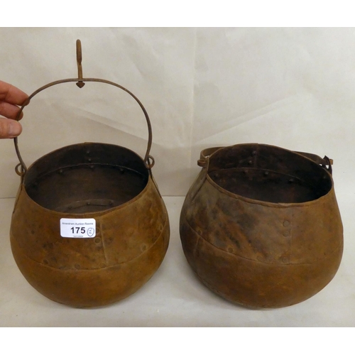 175 - A pair of rivetted cast metal hanging cooking pots  7