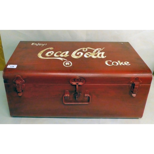 179 - A painted metal hinged trunk, branded for Coca-Cola  10