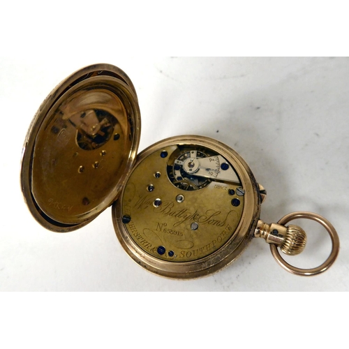 187 - A 10ct gold cased fob watch, faced by a Roman dial with subsidiary seconds