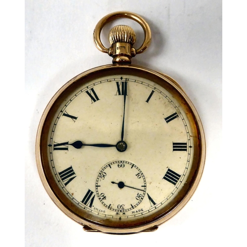 192 - A 9ct gold cased pocket watch, faced by a Roman dial with subsidiary seconds