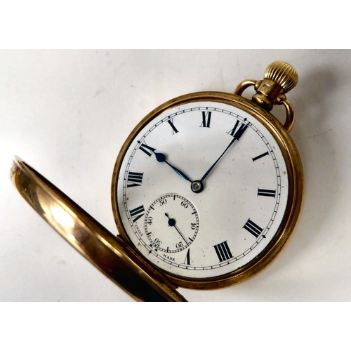 192 - A 9ct gold cased pocket watch, faced by a Roman dial with subsidiary seconds