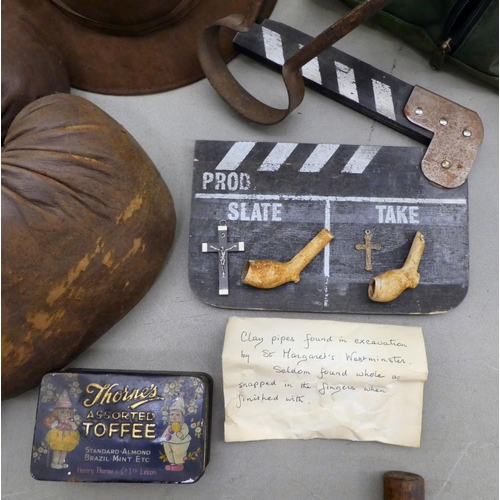 26 - 20thC bygones and curiosities: to include boxing gloves; shears; a pocket balance; and a pair of bla... 