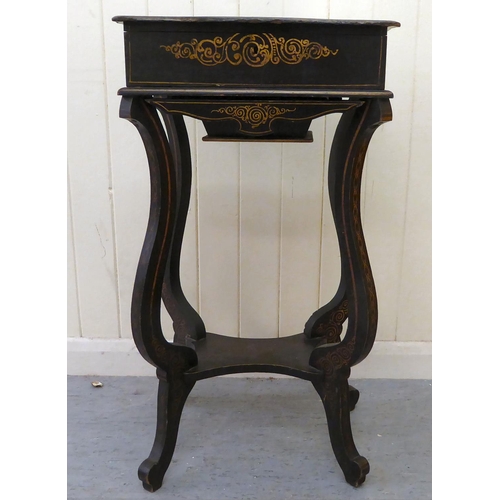 266 - A late Victorian chinoiserie design black lacquered sewing table, the hinged lid decorated with Orie... 