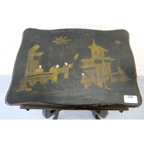 266 - A late Victorian chinoiserie design black lacquered sewing table, the hinged lid decorated with Orie... 