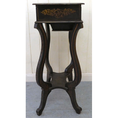 266 - A late Victorian chinoiserie design black lacquered sewing table, the hinged lid decorated with Orie... 