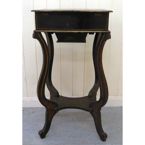 266 - A late Victorian chinoiserie design black lacquered sewing table, the hinged lid decorated with Orie... 