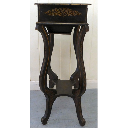 266 - A late Victorian chinoiserie design black lacquered sewing table, the hinged lid decorated with Orie... 