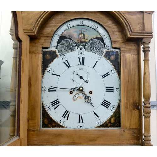 277 - A 19thC and later stripped pine longcase clock with flank pillars, on a box base; the movement with ... 