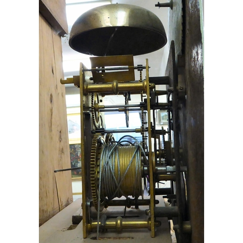 277 - A 19thC and later stripped pine longcase clock with flank pillars, on a box base; the movement with ... 