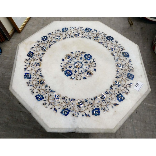 279 - A modern composite marble occasional table with floral inlaid and mother-of-pearl decoration, the oc... 