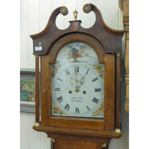 281 - A 19thC oak and mahogany longcase clock with a swan neck pediment and flank pillars, on a marquetry ... 