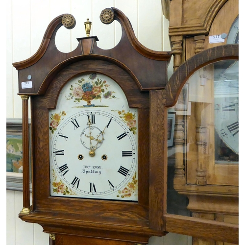 281 - A 19thC oak and mahogany longcase clock with a swan neck pediment and flank pillars, on a marquetry ... 