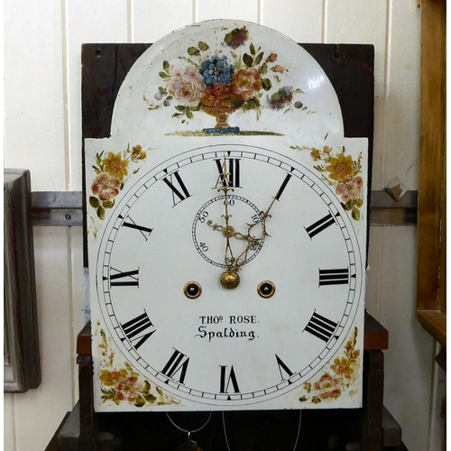 281 - A 19thC oak and mahogany longcase clock with a swan neck pediment and flank pillars, on a marquetry ... 