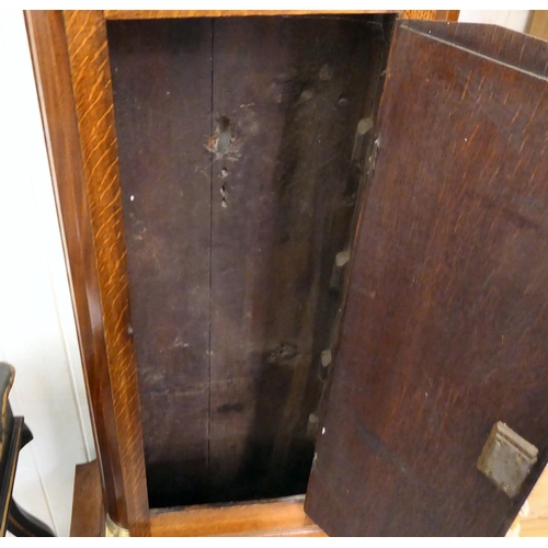 281 - A 19thC oak and mahogany longcase clock with a swan neck pediment and flank pillars, on a marquetry ... 