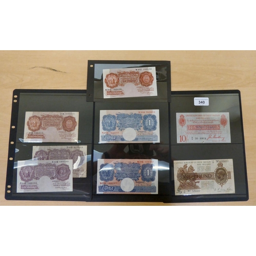 340 - Uncollated bank notes, comprising a John Bradbury 10/- note, two white £5, and various £... 