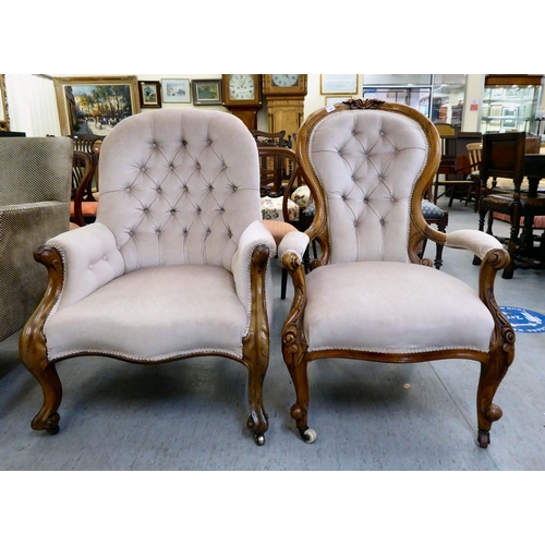 342 - Two similar late Victorian, mahogany framed, spoon back salon chairs, each upholstered in beige fabr... 