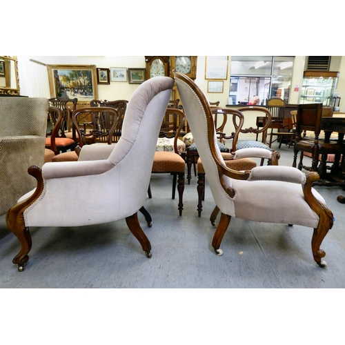 342 - Two similar late Victorian, mahogany framed, spoon back salon chairs, each upholstered in beige fabr... 