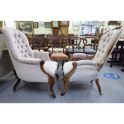 342 - Two similar late Victorian, mahogany framed, spoon back salon chairs, each upholstered in beige fabr... 