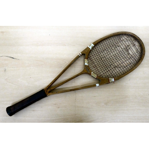 344 - A 1930s Hazells Streamline Red Star tennis racquet, bears various marks, including that of Joshua Ta... 