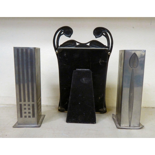 347 - 20thC decorative and functional metalware: to include a pair of Charles Rennie Mackintosh pewter vas... 