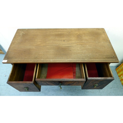 38 - An early 20thC string inlaid mahogany and flame mahogany finished, three drawer kneehole writing des... 