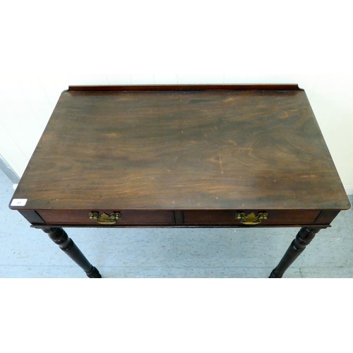 51 - A late 19thC mahogany two drawer side table, raised on turned legs  30