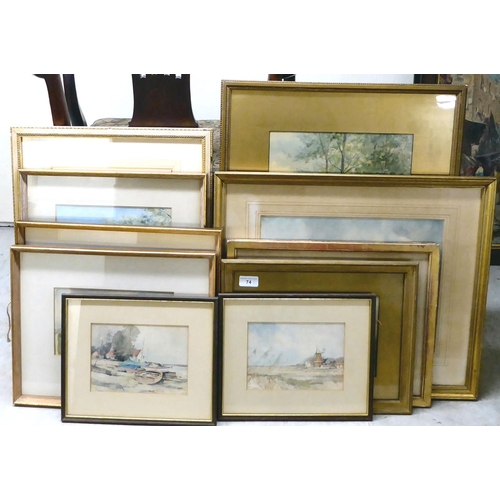 74 - Ten mainly mid 19th/mid 20thC watercolours  mixed subjects some bearing signatures  largest 14