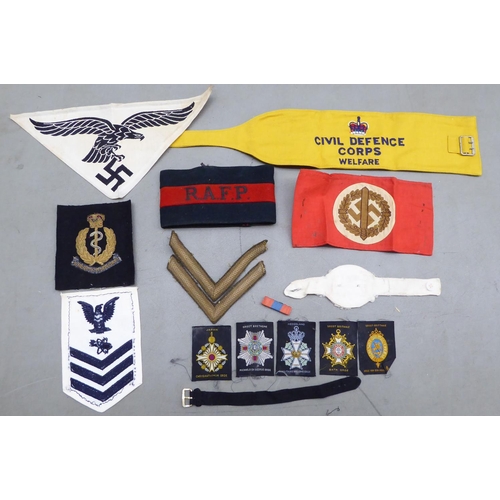 8 - Mainly fabric, military related collectables: to include a Royal Air Force Police armband(Please Not... 