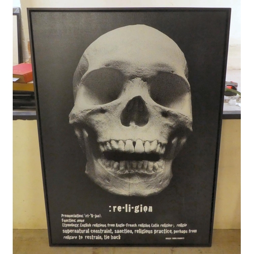 93 - After Robert Johns - 'Re-li-gion' a skull and text, white on black canvas  bears a signature on the ... 