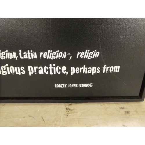 93 - After Robert Johns - 'Re-li-gion' a skull and text, white on black canvas  bears a signature on the ... 