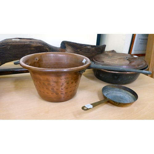 106 - A 19thC rustically fashioned yoke; and various metalware: to include a copper and iron cooking pot&n... 