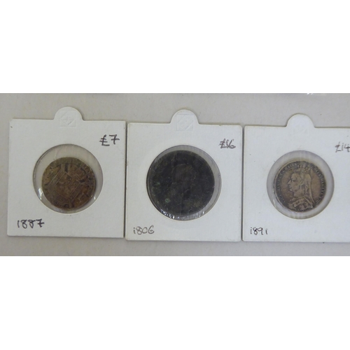 164 - Silver coins: to include a late Victorian shilling; and a bracelet