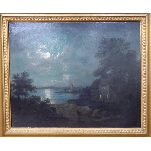 179 - An early 19thC river scene at dusk, featuring a lone figure by a cottage, in woodland  oil on c... 