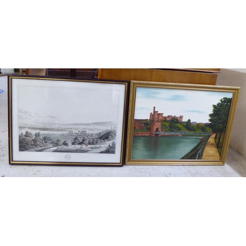 202 - Four framed pictures (one print): to include Marie Eugine de Davies - a castle on a hill  oil o... 