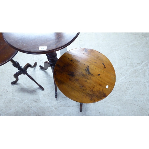 205 - Three dissimilar late 19th/early 20thC mahogany and oak pedestal tables, each raised on a tripod bas... 