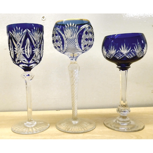 243 - A set of ten crystal hock glasses, each with a different style and coloured bowl, stem and base