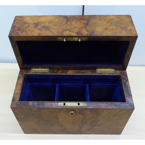 252 - Three dissimilar boxes: to include a mid Victorian burr walnut example with straight sides and a hin... 