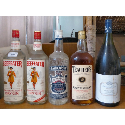 270 - Unopened alcohol: to include a bottle of Teachers Scotch Whisky and two bottles of Beefeater gin