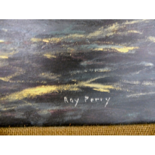 280 - Roy Perry - an oil rig on a calm sea at dusk  oil on board  bears a signature  23