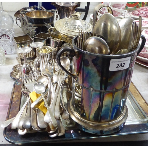 282 - Silver plated tableware: to include an ice bucket; and a bottle coaster 