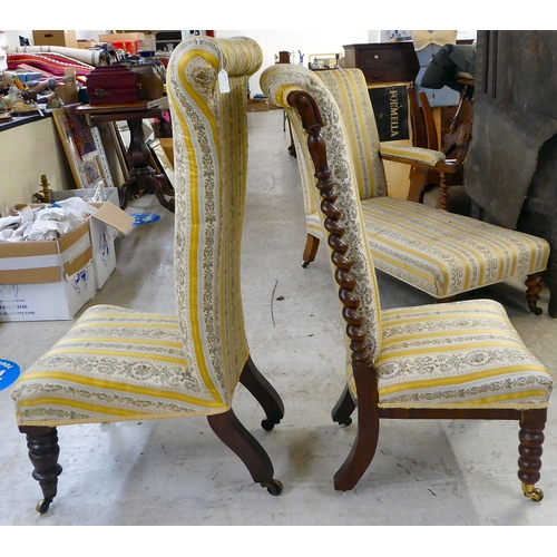 306 - Two similar late Victorian, mahogany framed prie dieu style chairs with later two-tone, floral patte... 