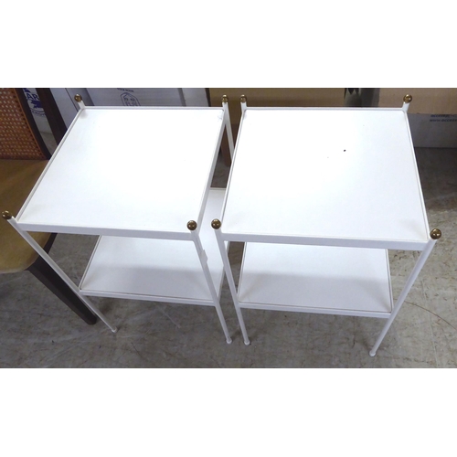 312 - A pair of modern white painted, metal tubular framed and wooden panelled two tier occasional tables&... 