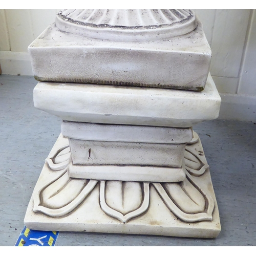 332 - A cream painted composition stone pedestal, twin handled urn, on a separate plinth  43