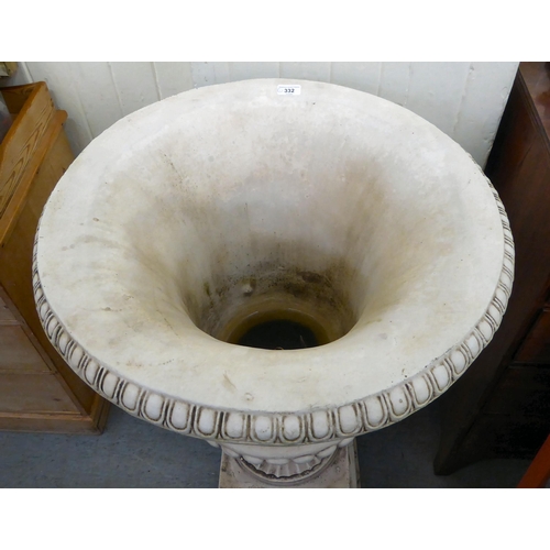 332 - A cream painted composition stone pedestal, twin handled urn, on a separate plinth  43