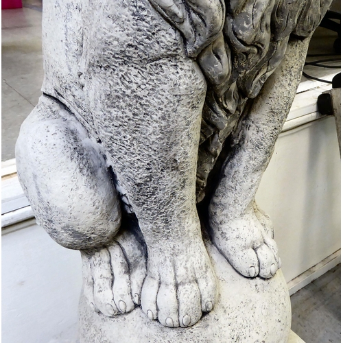 333 - A pair of modern composition stone lion terrace ornaments, sitting upon balls, on a separate plinth ... 