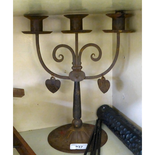 337 - A mixed lot: to include a Goberg wrought iron, three branch candelabra  11