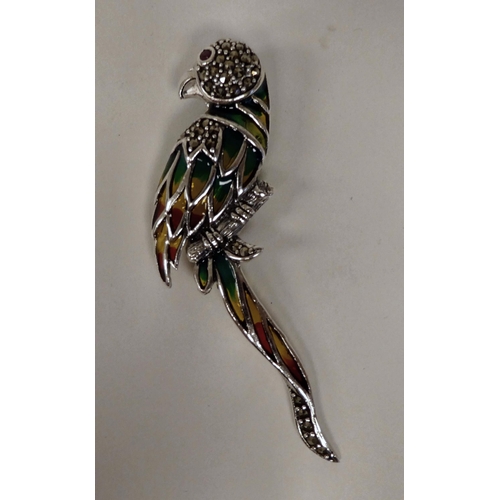 48 - A silver coloured metal and plique a jour parrot brooch  stamped 925