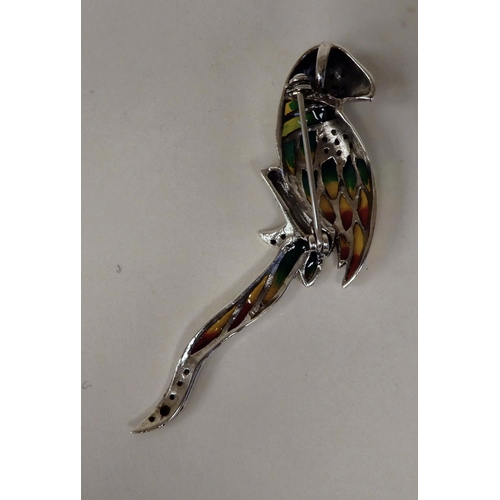 48 - A silver coloured metal and plique a jour parrot brooch  stamped 925