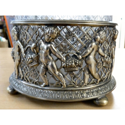 55 - Silver plated tableware: to include a biscuit barrel, set in a cherubic decorated coaster  6